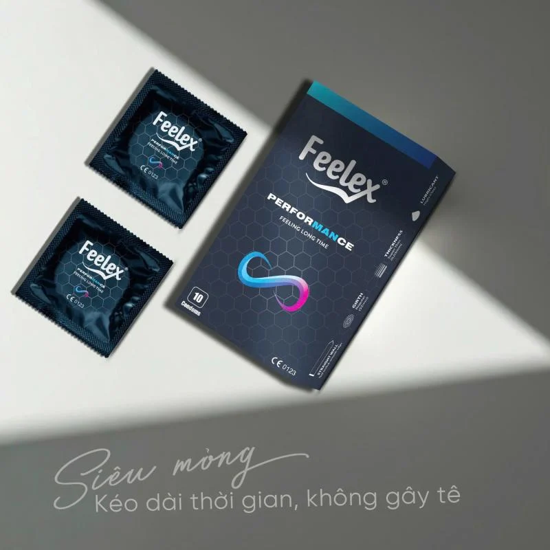 Bao Cao Su Siêu Mỏng, Kéo Dài Thời Gian, Nhiều Gel Hương Vani Feelex Performance 10 Chiếc