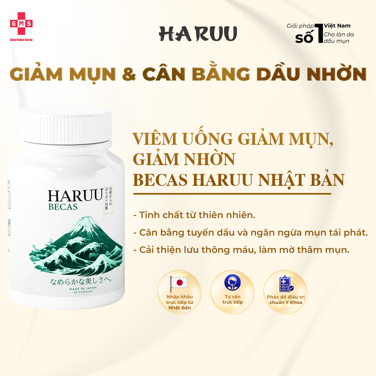Viên Uống Giảm Mụn, Giảm Viêm, Kiềm Dầu Haruu Becas 60 Viên
