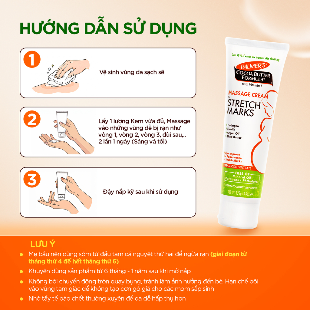 Kem Ngăn Ngừa Và Giảm Vết Rạn Khi Mang Thai Palmer's Cocoa Butter Formula Massage Cream For Stretch Marks Cream Concentrate 125G - Ảnh 8