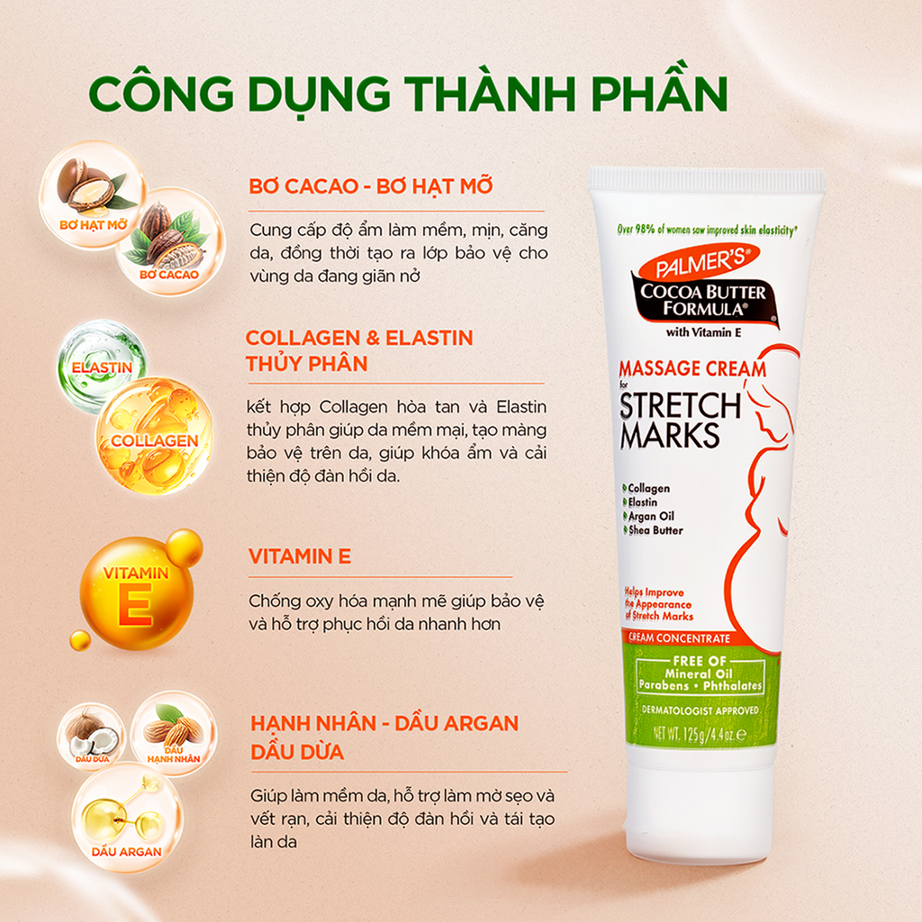 Kem Ngăn Ngừa Và Giảm Vết Rạn Khi Mang Thai Palmer's Cocoa Butter Formula Massage Cream For Stretch Marks Cream Concentrate 125G - Ảnh 5