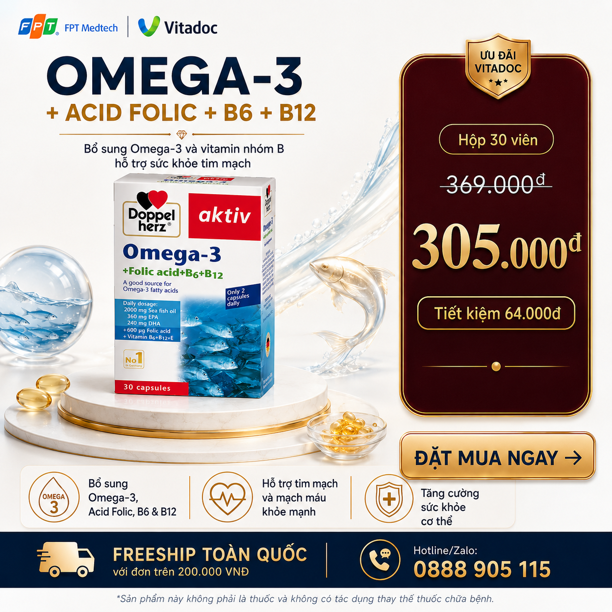 Voucher ưu đãi OMEGA-3 DOPPELHERZ + ACID FOLIC + B6 + B12